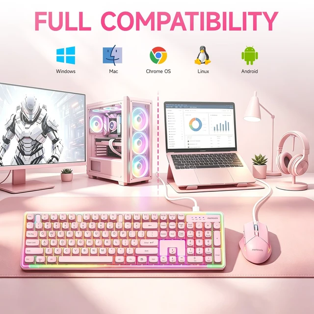 Alt view image 4 of 5 - Wired RGB Keyboard and Mouse Combo, Adjustable Rainbow Backlit, 104-Key Full-Size with Numpad, 6400 DPI Ergonomic High-Precision Mouse, Plug & Play, for PC Laptop Mac Windows Mac Office Gaming (Pink)