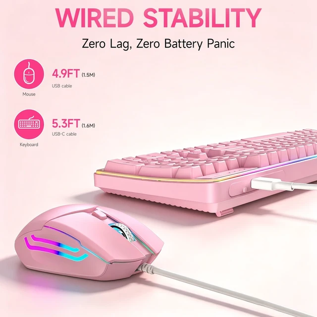 Alt view image 5 of 5 - Wired RGB Keyboard and Mouse Combo, Adjustable Rainbow Backlit, 104-Key Full-Size with Numpad, 6400 DPI Ergonomic High-Precision Mouse, Plug & Play, for PC Laptop Mac Windows Mac Office Gaming (Pink)