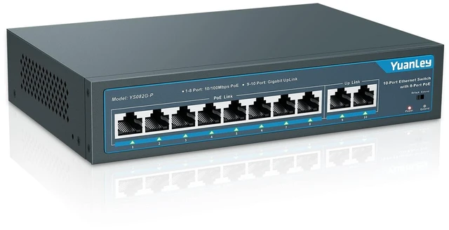 Main image of YuanLey 8 Port PoE Switch with 2 Gigabit Uplink, 8 PoE+ Port 100Mbps, 120W 802.3af/at, Extend Function, Metal, Fanless, Unmanaged Plug and Play Network Switch