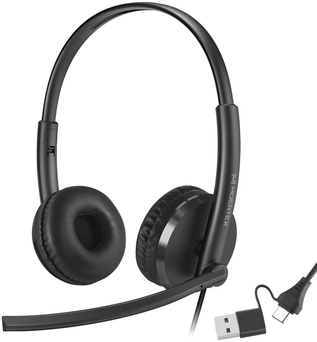 Main image of MOERTEK Wired USB Headset with Dual Microphones, Noise-reducing, On-Ear Headphones in-Line Volume & Mute Control, USB-A & USB-C Connectors for PC/Laptop/Chromebook (Not Suitable for iPhone and iPad)