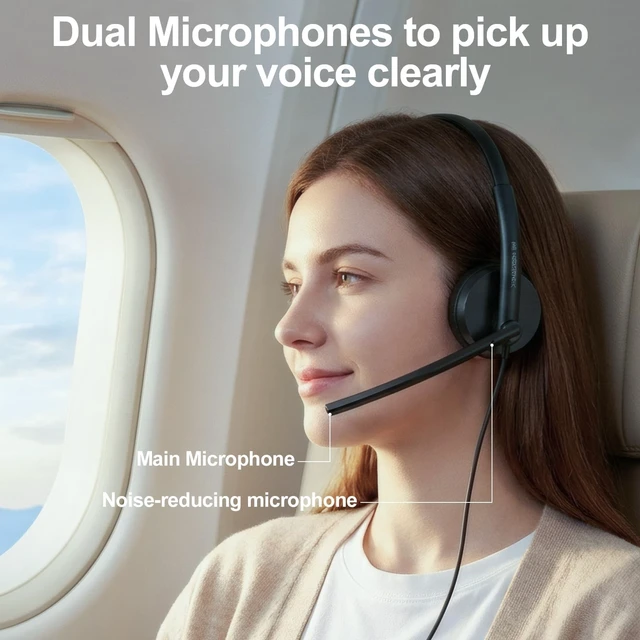 Alt view image 3 of 5 - MOERTEK Wired USB Headset with Dual Microphones, Noise-reducing, On-Ear Headphones in-Line Volume & Mute Control, USB-A & USB-C Connectors for PC/Laptop/Chromebook (Not Suitable for iPhone and iPad)