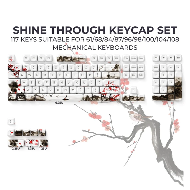 Alt view image 3 of 5 - XVX PBT Keycaps Set 117 Keys, Custom White Japanese Keyboard Doubleshot Dye -Sub Shine Through Keycaps Fit 60 65 75 100 Percent Layout, MOA Profile- Cherry Blossom