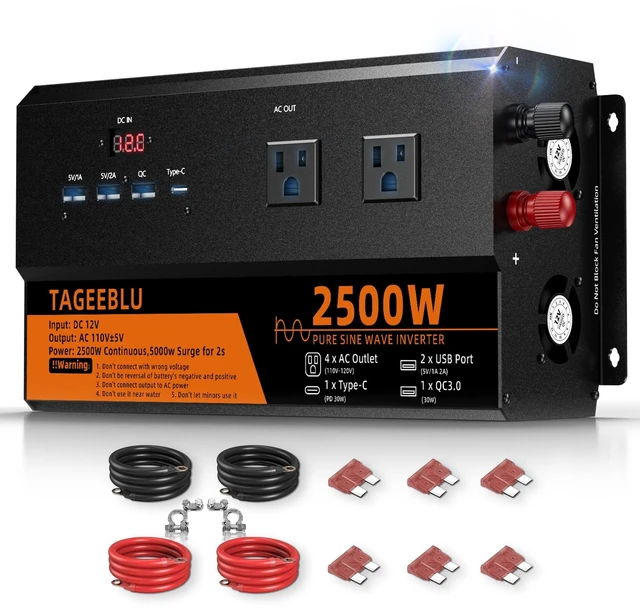 Main image of TAGEEBLU 2500 Watt Pure Sine Wave Power Inverter, 12V DC to 110V 120V AC