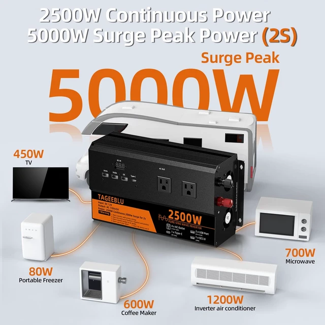 Alt view image 3 of 5 - TAGEEBLU 2500 Watt Pure Sine Wave Power Inverter, 12V DC to 110V 120V AC