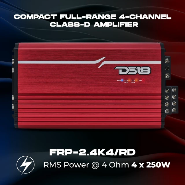 Alt view image 2 of 5 - DS18 FRP-2.4K4/RD Compact 4-Channel Full-Range Class-D Amplifier 2400W RMS, Bridgeable, Smart Cooling, High/Low Pass Filters, Car Audio & Motorcycle Amp for Mids, Highs & Subs
