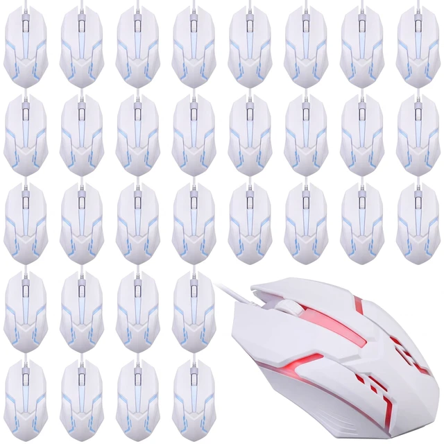 Main image of Sratte 30 Pack White USB Wired Mouse Bulk 1200 DPI RGB Optical Computer Mouse 3 Button 7 Color LED Backlit Wired Ergonomic USB for Gaming Office Desktop Laptop Gamer Computer