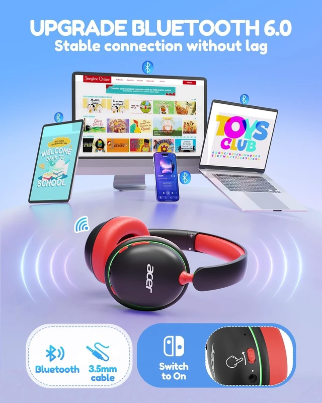 Alt view image 5 of 5 - Acer OHR727 Kids Bluetooth Headphones Travel, OverEar Comfort Design