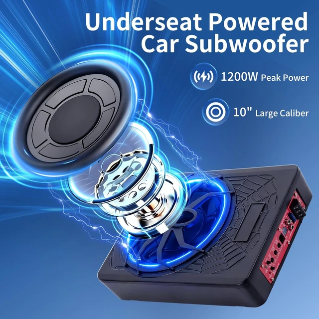 Alt view image 2 of 5 - 10" Slim Car Subwoofer 1200W Underseat Powered Subwoofer Car Audio Subs for Trucks Active Bass Speaker for Car Built-in Amplifier with Blue LED Ambient Light Low & High Level Inputs
