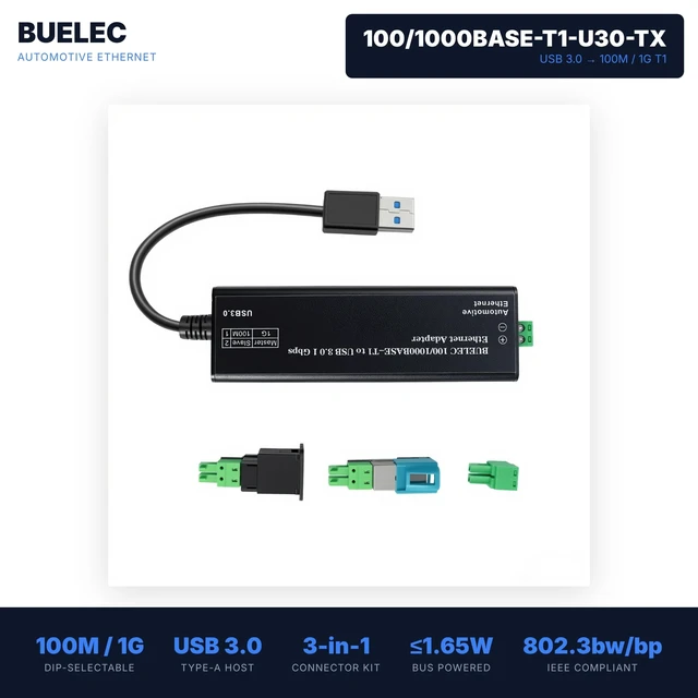 Alt view image 2 of 5 - BUELEC USB 3.0 to Automotive Single-Pair Ethernet Adapter, 100/1000BASE-T1, Bus Powered, with MATEnet & HMTD Adapters, Plug and Play