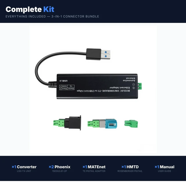 Alt view image 5 of 5 - BUELEC USB 3.0 to Automotive Single-Pair Ethernet Adapter, 100/1000BASE-T1, Bus Powered, with MATEnet & HMTD Adapters, Plug and Play