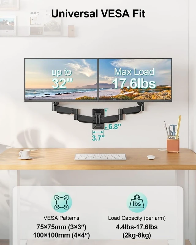 Alt view image 4 of 5 - ErgoFocus Long Arm Dual Monitor Wall Mount for 17-32", Max 27.1" Extension