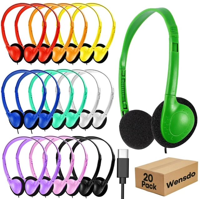 Main image of Wensdo USB C Headphones Bulk 20 Pack for Classroom School Kids, Wholesale Durable On-Ear Headset for Students Teens, Compatible with Chromebook Laptop Tablet Smartphones (HY857C, 20 Mixed)