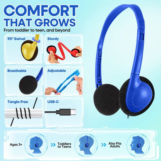 Alt view image 2 of 5 - Wensdo USB C Headphones Bulk 20 Pack for Classroom School Kids, Wholesale Durable On-Ear Headset for Students Teens, Compatible with Chromebook Laptop Tablet Smartphones (HY857C, 20 Mixed)