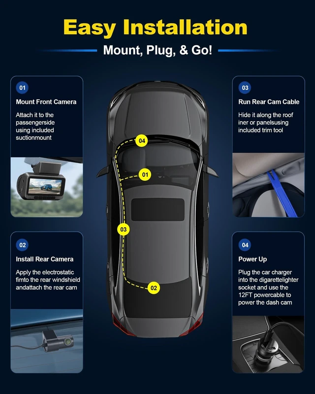 Alt view image 4 of 5 - Front and Rear Dash Cam, 4K+1080P Dual Dash Camera Quick Video Access 15-Min Install Record Every Mount, Ultra-Precise 2 Channel HDR