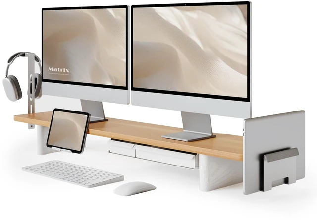 Main image of Fenge Modular Dual Monitor Stand Riser with Solid Ash Wood Leg, 42.5" Oak