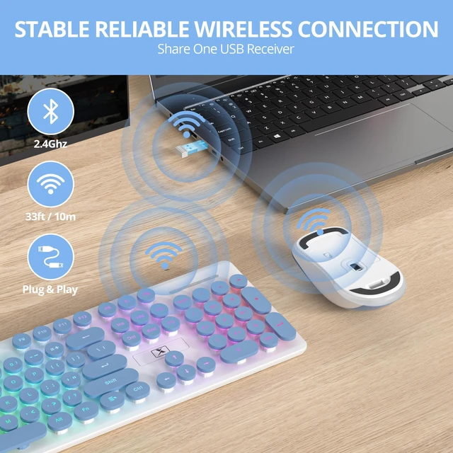 Alt view image 3 of 5 - Owpkeenthy Cute Wireless Keyboard and Mouse Backlit, Rechargeable Full-Sized Keyboard with Number Pad Quiet Typewriter 2.4G Plug and Play, Auto Sleep for Home Office(Blue)