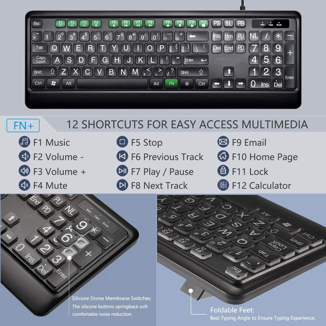 Alt view image 3 of 5 - KOPJIPPOM Large Print Backlit Keyboard, USB Wired Computer Keyboard, Full Size Keyboard with White Illuminated LED Compatible for Windows Desktop, Laptop, PC, Gaming, Black