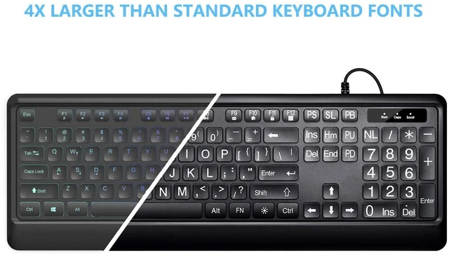 Alt view image 2 of 5 - KOPJIPPOM Large Print Backlit Keyboard, USB Wired Computer Keyboard, Full Size Keyboard with White Illuminated LED Compatible for Windows Desktop, Laptop, PC, Gaming, Black