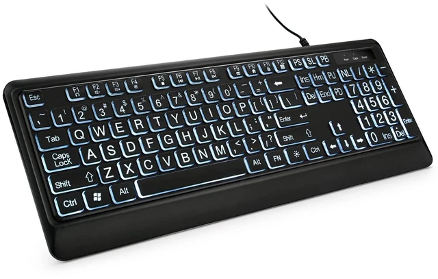 Main image of KOPJIPPOM Large Print Backlit Keyboard, USB Wired Computer Keyboard, Full Size Keyboard with White Illuminated LED Compatible for Windows Desktop, Laptop, PC, Gaming, Black