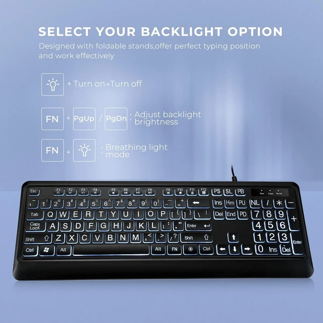 Alt view image 4 of 5 - KOPJIPPOM Large Print Backlit Keyboard, USB Wired Computer Keyboard, Full Size Keyboard with White Illuminated LED Compatible for Windows Desktop, Laptop, PC, Gaming, Black
