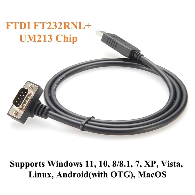 Alt view image 3 of 5 - 90 Degree Low Profile USB 2.0 to DB9 RS232 Serial Converter Cable with FTDI FT232RNL Slim Compact DB9 Male to USB Male COM Port Connector for Windows XP/7/8/10/11/Vista Linux (4Pin Up, 1M/3.28FT)