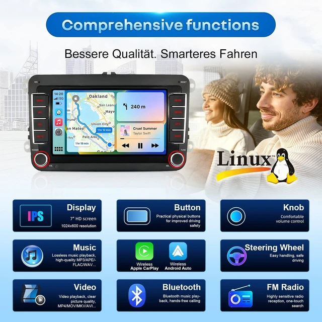 Alt view image 3 of 5 - Car Radio for VW Passat Golf MK5 MK6 Jetta Beetle Passat Sharan Tiguan Touran Seat Polo with Wireless Carplay & Android Auto,7in Touchscreen Car Stereo with Bluetooth Mirror Link FM/SWC/USB