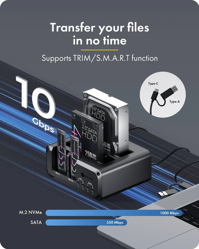 Alt view image 5 of 5 - 4 Bay NVMe M.2 & SATA SSD/HDD Hard Drive Docking Station, ICY BOX USB-C 10Gbps NVMe Reader, SATA to M.2 NVMe enclosure, 2.5/3.5 Hard Drive Dock Station Up to 48TB, Individual Power Switches, Tool-Free