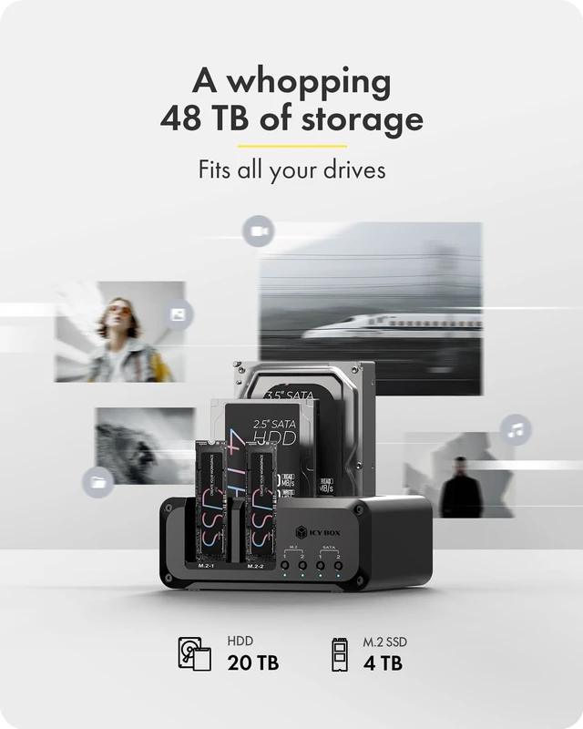 Alt view image 4 of 5 - 4 Bay NVMe M.2 & SATA SSD/HDD Hard Drive Docking Station, ICY BOX USB-C 10Gbps NVMe Reader, SATA to M.2 NVMe enclosure, 2.5/3.5 Hard Drive Dock Station Up to 48TB, Individual Power Switches, Tool-Free