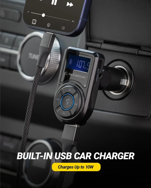 Alt view image 4 of 5 - Scosche Bluetooth FM Transmitter for Car Radio, Bluetooth Car Adapter with USB-A Car Charger, Remote Control and Aux Port for Wireless Music Streaming, Hands-Free Calls, Siri & Google Assistant
