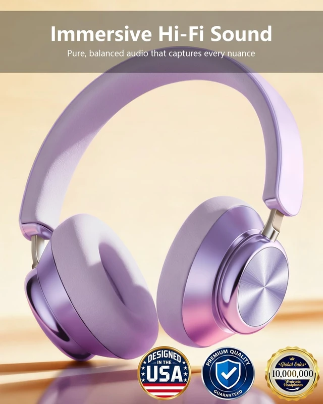 Alt view image 2 of 5 - Wentronic Y03 Bluetooth Headphones Wireless Active Noise Cancelling Over Ear Headphones 48 Hours Playtime High Sound Quality 6 EQ Music Mode Headphones with Soft Ear Cushion - Purple