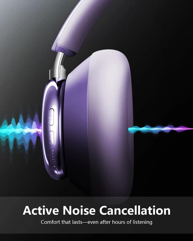 Alt view image 4 of 5 - Wentronic Y03 Bluetooth Headphones Wireless Active Noise Cancelling Over Ear Headphones 48 Hours Playtime High Sound Quality 6 EQ Music Mode Headphones with Soft Ear Cushion - Purple