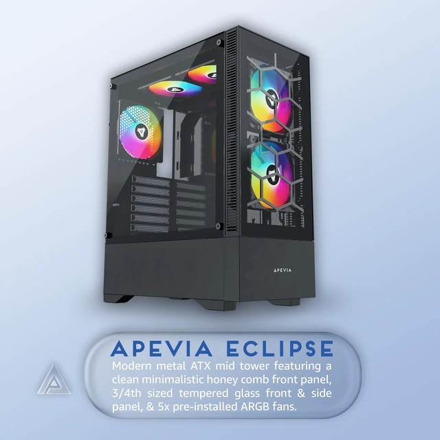 Alt view image 2 of 5 - Apevia Eclipse-BK Mid Tower Gaming PC Case with 5X 120mm ARGB Fans
