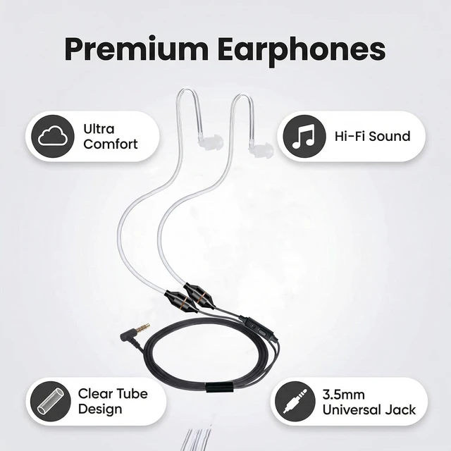 Alt view image 2 of 5 - YESBO anti-radiation headphones, anti-electromagnetic radiation, air duct type headphones, radiation-free earbuds with microphone, binaural stereo, wired connection, for 3.5mm devicesTransparent Black