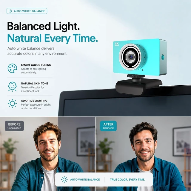 Alt view image 5 of 5 - AEICIK 4K UHD Webcam with Microphone, Auto Focus Streaming Web Camera, Noise Canceling Mic, Auto Light Correction, USB Plug & Play Privacy Cover Webcam for PC Laptop Desktop Zoom Meeting Gaming