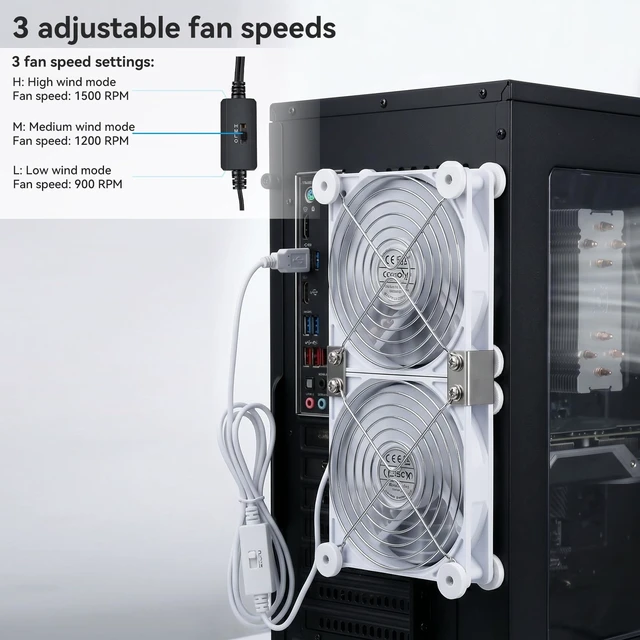 Alt view image 2 of 5 - aceyoon Dual Row 120mm USB PC Cooling Fan, 3 Adjustable Speeds 5V Twin Fans
