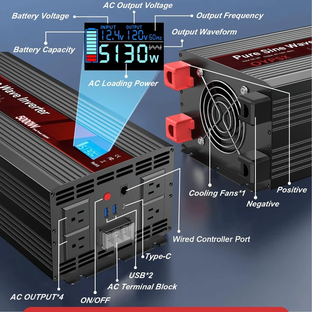 Alt view image 3 of 5 - OYPSX 5000W Power Inverter 12V to 110V 120V AC Pure Sine Wave Inverters for RV Truck Camping,Outdoor Off-Grid Power Converter with LCD Display,Wired Controller,AC Outlets USB Ports(12V-5000Watt)