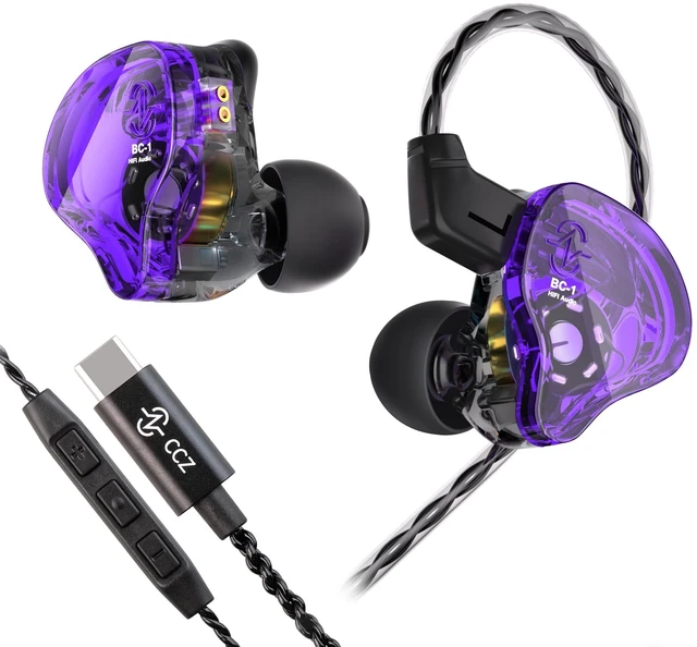 Main image of YINYOO CCZ Melody USB C Headphones Wired Earbuds, Type-C Wired Gaming Earphones with Noise Cancelling, 1BA 1DD, Patent Ear fins, Detachable Cable for Computer Phone PC (Clear Purple, USBC-with Mic)