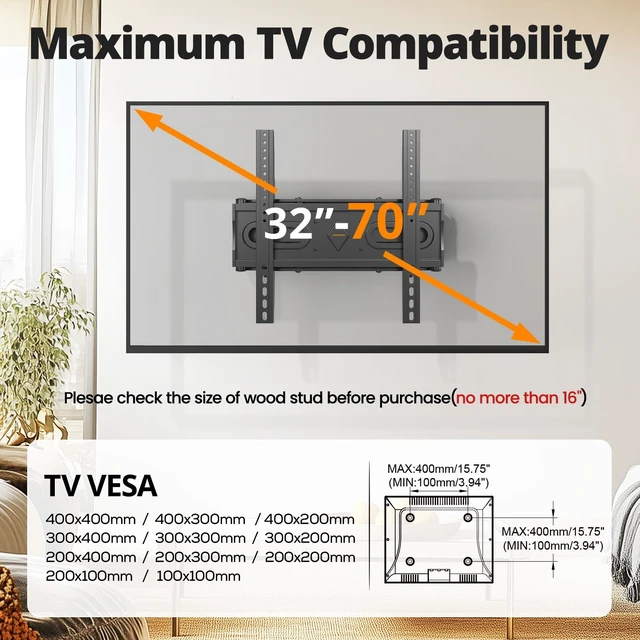Alt view image 3 of 5 - IWORKBOARD 50 55 65 inch Full Motion TV Wall Mount for 32-70 inch TV Bracket,Dual articulating Arms Mount, Tilt Swivel Extension Level, Max VESA 400x400mm, 16" Studs, 110 lbs,Fit Most 40 43 50+ TVs