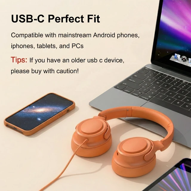 Alt view image 4 of 5 - ADOOPE Wired Over-Ear Headphones with USB C Connector, Hi-Fi Stereo Sound, Noise-Isolating Ear Cups, Comfortable Fit for USB C Devices (Orange, with Bag)