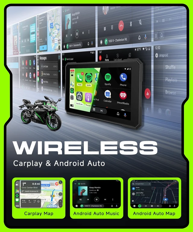 Alt view image 2 of 5 - Motorcycle CarPlay Screen 5 Inch Wireless Carplay Android Auto for Motorbike with Removable Bracket 1080P Double Camera, IP68 Waterproof Touchscreen, Supports GPS Navigation