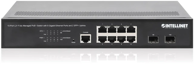 Main image of Intellinet 10-Port Managed L2+ PoE+ Switch, 8 Gigabit, 2 SFP+ Uplinks, 120W