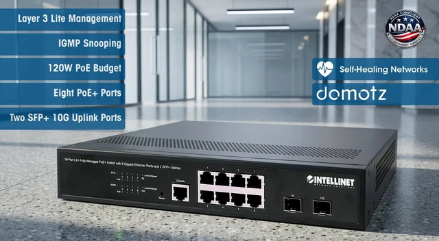 Alt view image 2 of 5 - Intellinet 10-Port Managed L2+ PoE+ Switch, 8 Gigabit, 2 SFP+ Uplinks, 120W