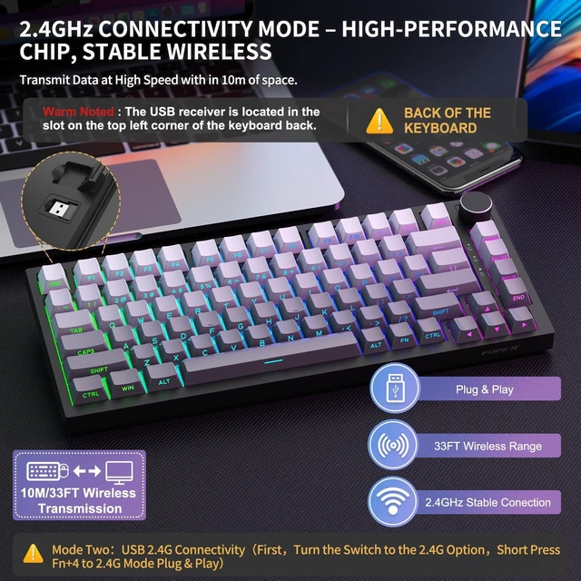 Alt view image 3 of 5 - FOPETT Wireless Mechanical Keyboard Rechargeable Adjustable Backlight Three Mode Wired /2.4G /Bluetooth Side Engraved for Laptop/Windows/PC - Gradient Grey Black