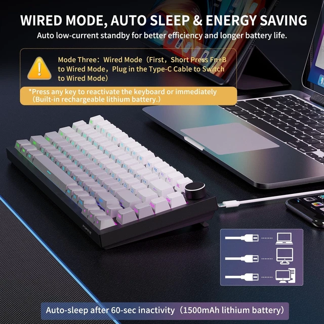 Alt view image 4 of 5 - FOPETT Wireless Mechanical Keyboard Rechargeable Adjustable Backlight Three Mode Wired /2.4G /Bluetooth Side Engraved for Laptop/Windows/PC - Gradient Grey Black
