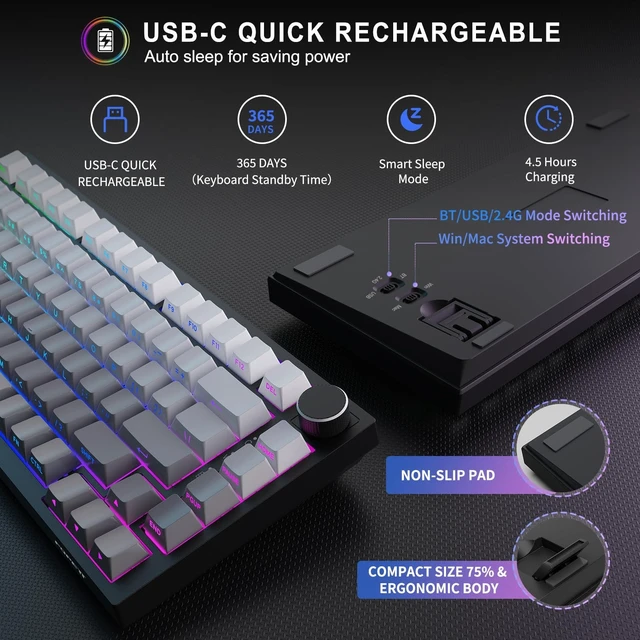 Alt view image 5 of 5 - FOPETT Wireless Mechanical Keyboard Rechargeable Adjustable Backlight Three Mode Wired /2.4G /Bluetooth Side Engraved for Laptop/Windows/PC - Gradient Grey Black