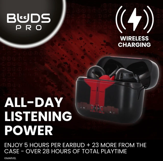 Alt view image 4 of 5 - Buds Pro Marvel Deadpool Wireless Bluetooth EarBuds & Phone Holder - In Ear Headphones with Microphone, 28+ Hours Playtime, Active Noise Cancelling Wireless Earbuds with IPX4 Rating & Ch