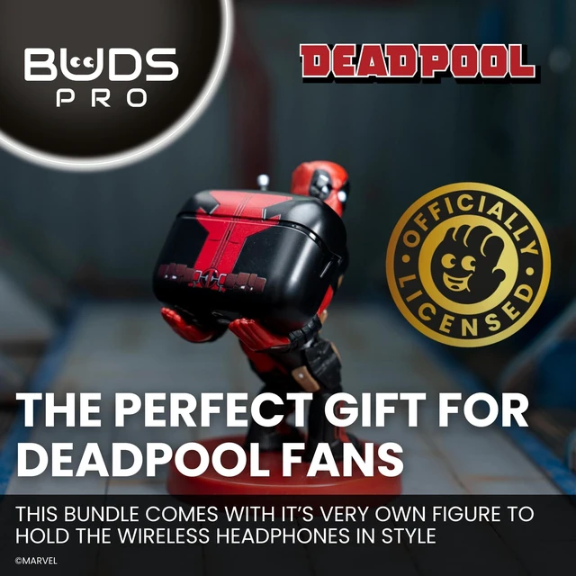 Alt view image 3 of 5 - Buds Pro Marvel Deadpool Wireless Bluetooth EarBuds & Phone Holder - In Ear Headphones with Microphone, 28+ Hours Playtime, Active Noise Cancelling Wireless Earbuds with IPX4 Rating & Ch