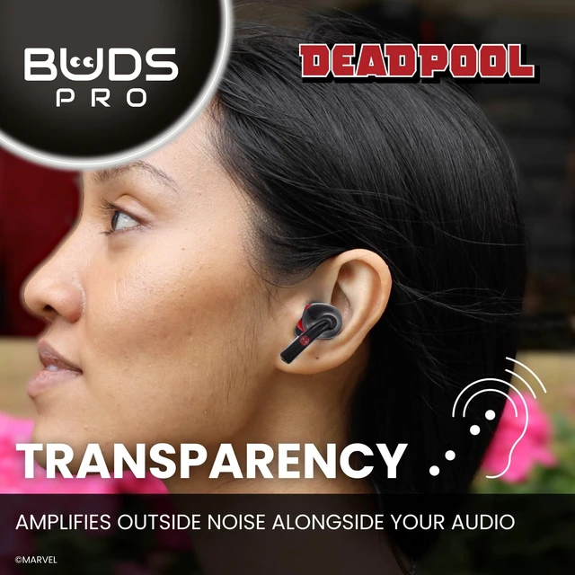 Alt view image 5 of 5 - Buds Pro Marvel Deadpool Wireless Bluetooth EarBuds & Phone Holder - In Ear Headphones with Microphone, 28+ Hours Playtime, Active Noise Cancelling Wireless Earbuds with IPX4 Rating & Ch
