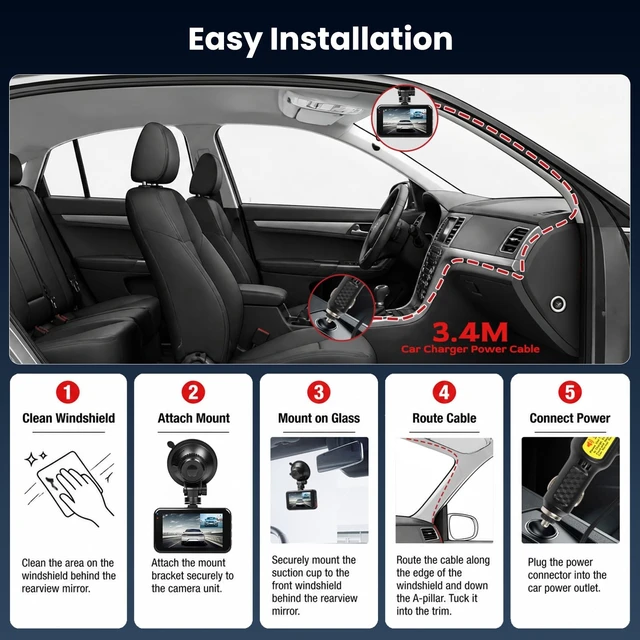 Alt view image 5 of 5 - 4K Dual Channel Dash Cam 360 Front and Rear 3'' Car Camera with 64G Card