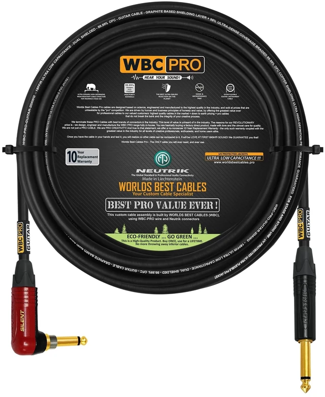 Main image of 30 Foot - WBC-PRO-Guitar 20 AWG - Low-Cap (18pF/ft) Pro-Grade Graphite-Based - Dual-Shielded Guitar Bass Instrument Cable w/Neutrik Straight - Angled (SilentPLUG) Inch (6.35mm) Gold TS Plugs